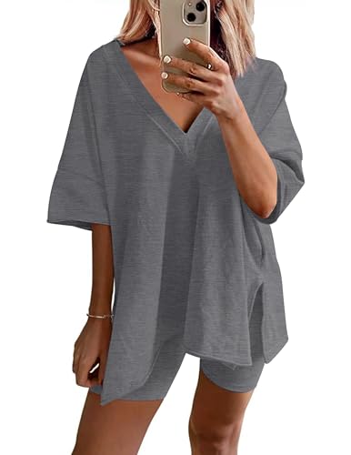 Image of Ekouaer Womens Pajamas 2 Piece Lounge Sets Oversized V Neck T-Shirts Tops Biker Shorts Set Workout Reversible Tracksuit S-XXL