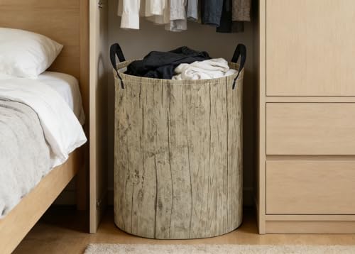 Image of ESSME Kids Laundry Basket,Wood Hamper Collapsible Canvas Waterproof Storage Bin for Boys, Cute Hamper,Gift Baskets(Wood grain)