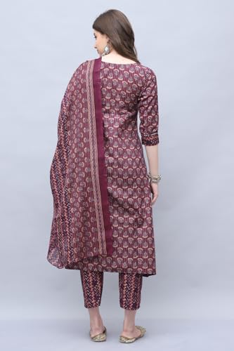 Image of Rajnandini Women's Cotton Blend Jaipuri Printed Kurta Set with Dupatta (JOPLST218-P Wine & Beige P)