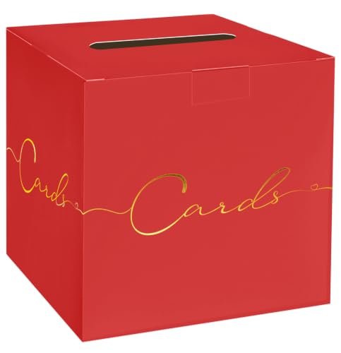 Image of HEIPINIUYE Red Wedding Card Box with Gold Foil 9.8 inch x 9.8 inch Red Large Gift Card Box for Party Wedding Reception Graduation Birthday Baby Shower Cardboard Raffle Envelope Box with Slot