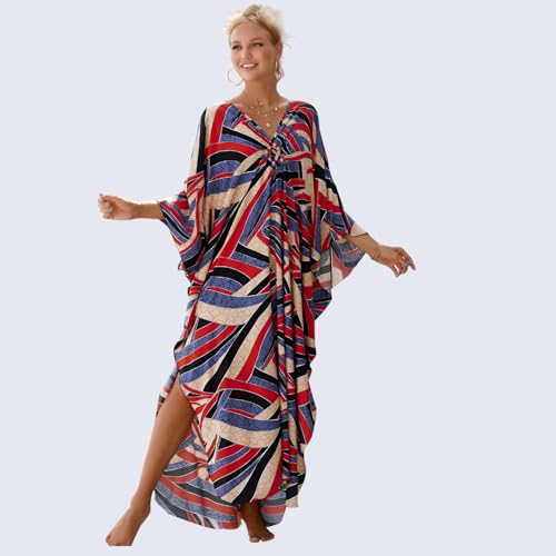Image of Miss Lavish London Long Kaftan Dress for Women - Summer Printed Plus Size Maxi Caftan, Swimwear Coverup, Lounge Party Dress, Hawaii Vacation Outfit