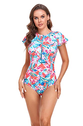BIMEI One-Piece Mastectomy Swimsuit Zip Front Rash Guard Short Sleeve Pocketed for Women Sport Bathing Athletic Printed 2216