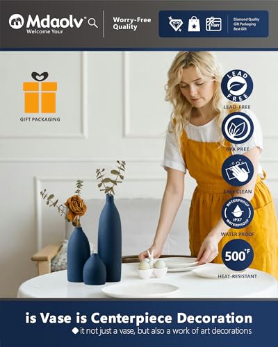 Mdaolv Matte Blue Vase Set Navy Blue Decor Coastal Decor Vases for Kitchen Island Living Room Office Table Fireplace Mantle Decorations & Bathroom Shelf Decor Centerpiece Table Decorations Ceramic - Image 4