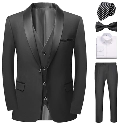 Mens Suit 3 Pieces Slim Fit Shawl Lapel Solid Tuxedo Blazer Vest Pants Shirt Bow Tie and Tie Prom Party Wedding Dinner