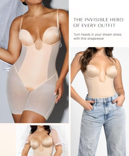 Image of SHAPELLX Strapless Shapewear for Women Deep Plunge Corset Tummy Control Backless Bodysuit Mid Thigh Full Body Shaper