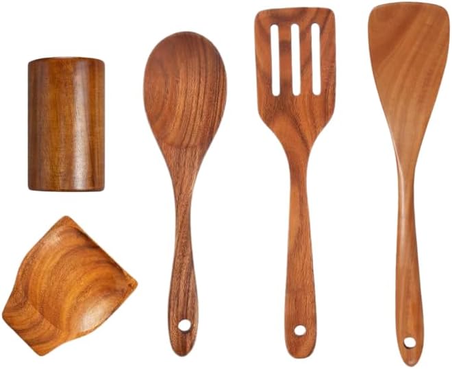 Miniatura 5 de Cuchara de madera para cocinar, 5 piezas de espátula de madera de teca premium, juego de utensilios de cocina, antiadherente y no tóxico, espátula