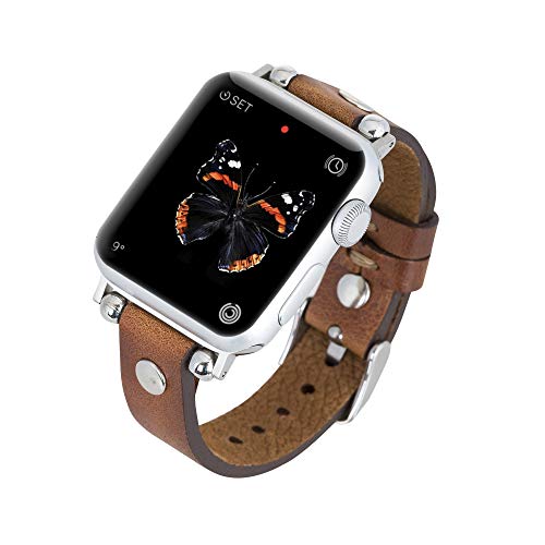 Venito Perugia Premium Leather Slim Watch Band Strap w/Gold Studs Compatible w/Apple Watch Series 1,2,3,4,5,6,7,SE w/Stainless Steel Hardware (Antique Brown w/Silver Connector &Clasp, 38mm-40mm)