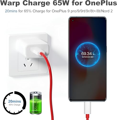 Image of Zybux 65W Supervooc USB Type C Charger Adapter with Red Cable Compatible with OnePlus 12R /11R /10 Pro /10T /10R /10 /9 Pro /9RT /8 Pro /8 /7 /6 /5 /Nord Ce 4 /Ce 3 /Ce 2 /Ce 2 Lite /Ce 3 Lite /Nord 4 /3 /2 /2T, White