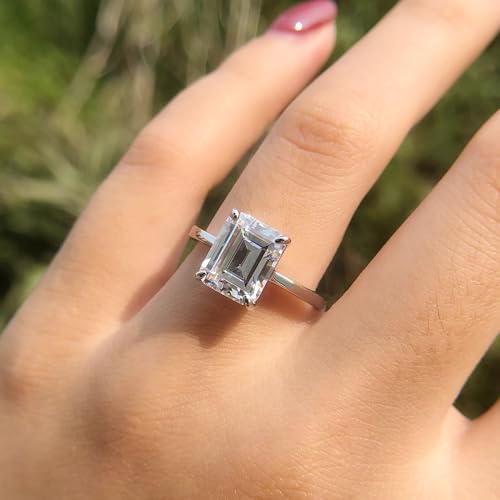 4 Carat Emerald Cut Lab Created Diamond Rings, D Color VVS1 Engagement Rings for Women, Platinum Plated Sterling Silver Lab Grown Simulated Diamond Wedding Promise Ring4