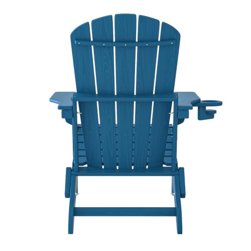 Image of Plawdlik Folding Adirondack Chair Set of 3, Cup Holder, Navy Blue | pin-free folding, 38-in tall back, Wood-grain All-weather HDPE; for fire pit, poolside, deck, backyard, patio