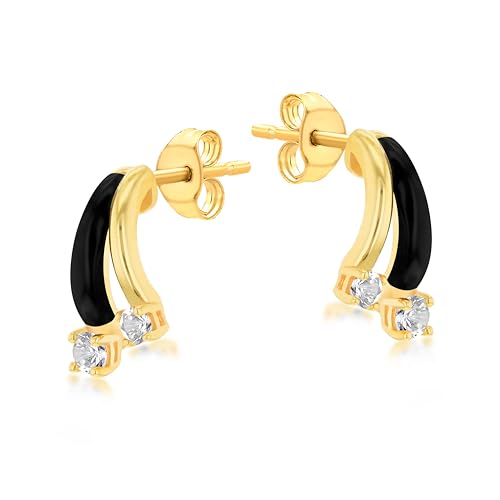 Boucles d'oreilles or jaune 9 ct diamants et émail noir double barre