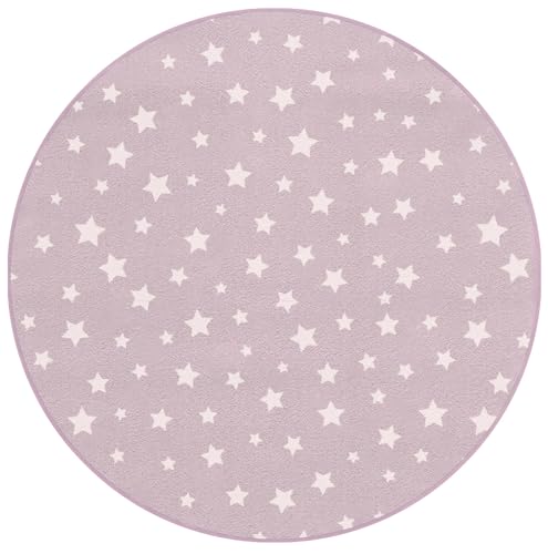 Fisura Alfombra Rosa con Estrellas Grises. Alfombra Redonda de 100 cm de diámetro. Alfombra Infantil con Estampado. Alfombra de Polipropileno de 100 cm x 100 cm.