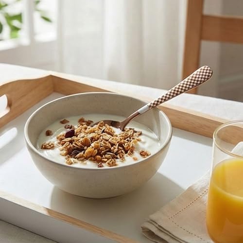 Image of 6.7 inch Rosegold Dessert Spoons Set of 5 with Checks Printed Handle ? Durable Stainless Steel Teaspoons, Mirror Polished Silverware Spoons, Perfect for Home, Restaurant, and Gifting