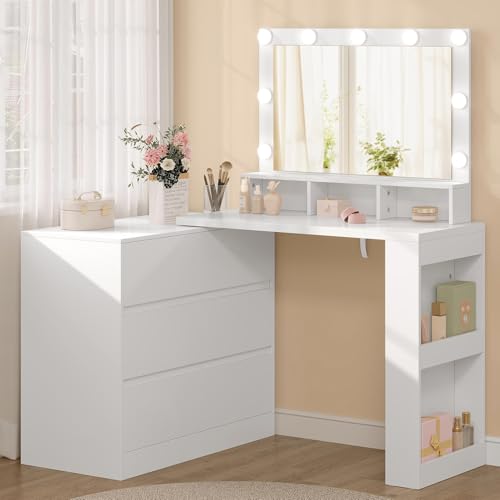 WOLTU Coiffeuse avec Miroir LED à Luminosité Réglable, Table de Maquillage avec Commode à 6 Grands Tiroirs, Étagère Latérale, Assemblage Flexible, Grand...