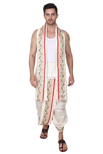 Image of Rameshwaram Fabrics Mens Ready to Wear Silk Dhoti with Angwastra Set - Pocket Dhothi