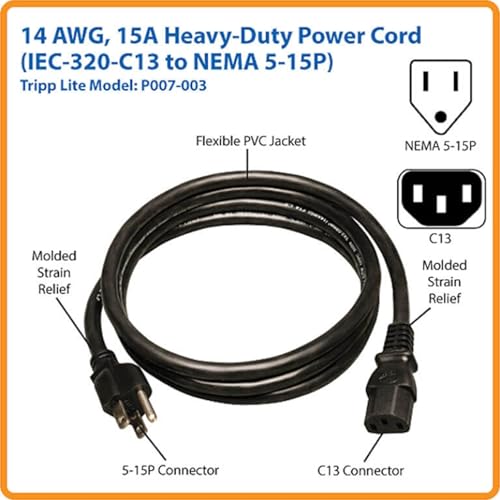 Image of Eaton Tripp Lite Series 15 Amp Standard 3ft Computer Power Cord for PC, Monitor, Laptop & More | UL Listed, Heavy Duty 14 AWG, 5-15P to IEC C13, Replacement 3 Prong AC Power Cable (P007-003)
