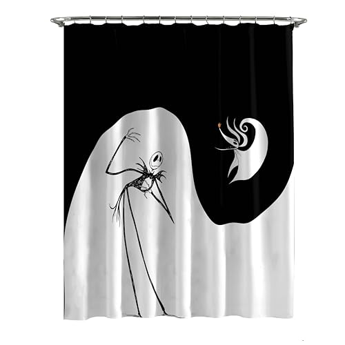Image of Jay Franco Disney Nightmare Before Christmas Fabric Shower Curtain - Kids Swirl Black and White Bathroom Decor with Jack Skellington and Zero