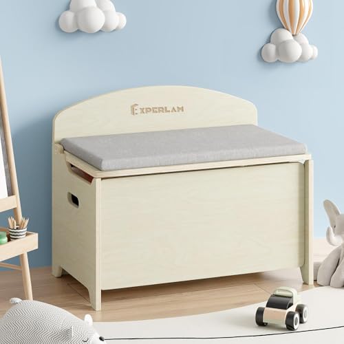EXPERLAM Toy Box and Toy Storage Wooden Toy Box for Boys and Girls Toy Chest with Cushion Seat and 2 Safety Hinges Toy Storage organizer for Nursery bedroom Living Room Play room