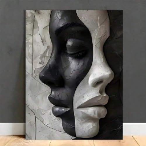 Toile murale abstraite visage féminin décoration salon tableau noir et blanc moderne 70x100cm