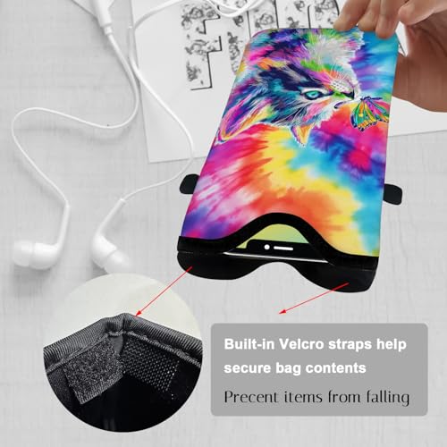 Image of Neoprene Cell Phone Sleeve Pouch Case Bag with Crossbody Strap Neck Lanyard for Women 7.1 X 3.9 in Tie Dye Cat