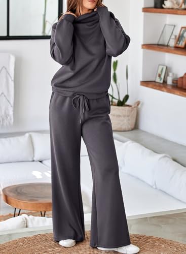 Image of Aleumdr Women's 2 Piece Outfits Lounge Set Mock Neck Long Sleeve Sweatshirt With Wide Leg Pants Sweatsuit Fall 2025