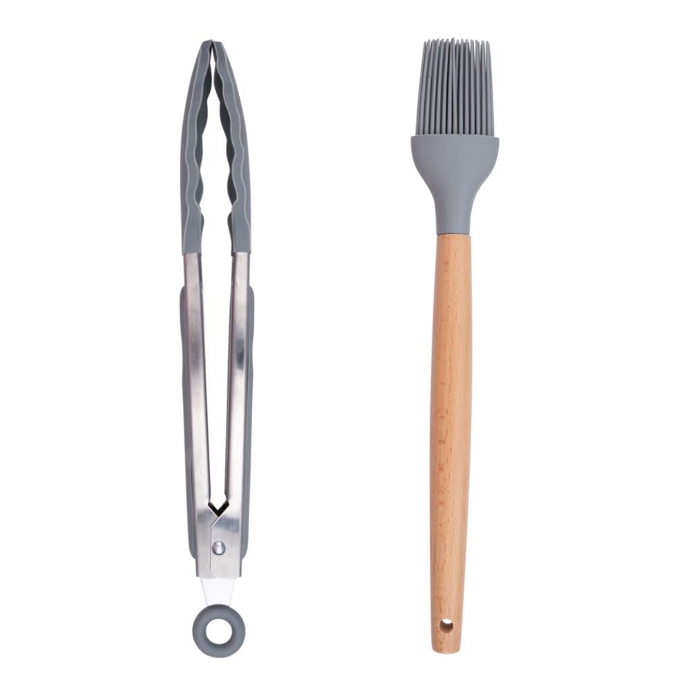 alpina Küchengeschirrset mit Halter – 12-teilig – Silikon-Utensilien mit Holzgriff – Grau, 0.00