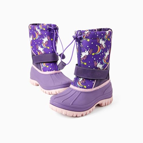 PATPAT Girls and Boys Winter Snow Boots Adjustable Bungee Lace and Hook & Loop Straps Front Zipper Waterproof Outdoor Boot2