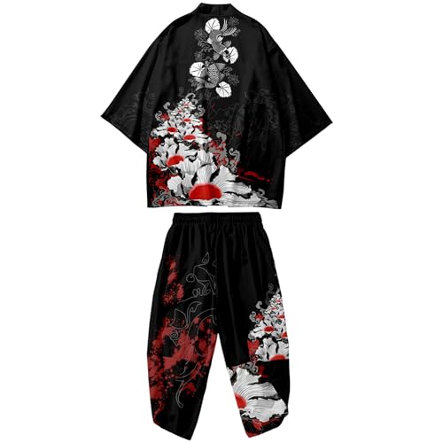 Image of DOSLAVIDA Men's Japanese Kimono Jacket Set Stylish Open Front Coat With Shorts Chinese Style Printed Cardigan Suit