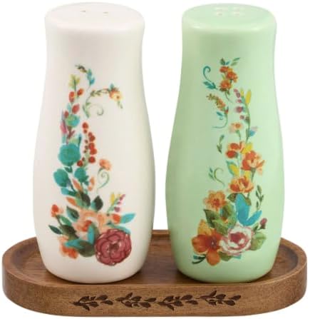 Pioneer Woman Painted Meadow - Juego de salero y pimentero de 3 piezas con bandeja de madera de acacia