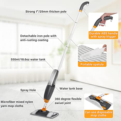 Spray Mop For Floor Cleaning, Dry Wet Wood Floor Mop With 360° Swivel Head, Flat Mop With 3Pcs Washable Mop Pads And 18.6Oz/550Ml Refillable Bottle, Dust Mop For Hardwood Vinyl Tile Laminate #TOP1