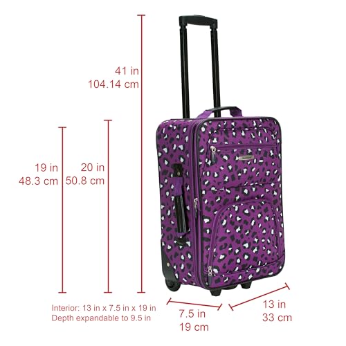 Image of Rockland Fashion Softside Upright Luggage Set, Expandable,Telescopic Handle,Wheel, Purple Leopard, 2-Piece (14 /19)