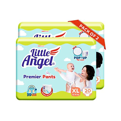 Image of Little Angel Premier Pants Baby Diapers, Extra Large (XL) Size, 40 Count, Cottony Soft Material, Breathable, Extra Dry Core, Stretchable Sides, Pack of 2, 20 count /pack, 12-15 kgs