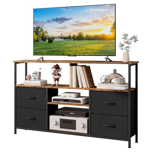 Uptyia Mueble de TV,Mesa de TV de hasta 55 Pulgadas,con 4 Cajones y 4 Estantes Abiertos,78x30x120cm,para Salón, Dormitorio, Marco de Acero, Marrón Rústico y Negro