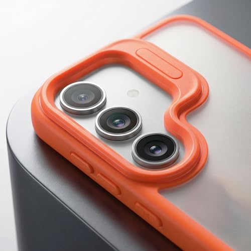 Image of amazon basics Frosted Matte Case for Samsung Galaxy S24 5G | Built-in Flip-Out Camera Lens Stand | Translucent Back with Contrast Orange Bumper | Shockproof Protective Cover with Foldable Kickstand