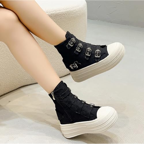 Women's Platform High Top Sneakers High Top Canvas Shoes Thick Sole Side Zipper Fashion Walking Shoes (Black,7)4
