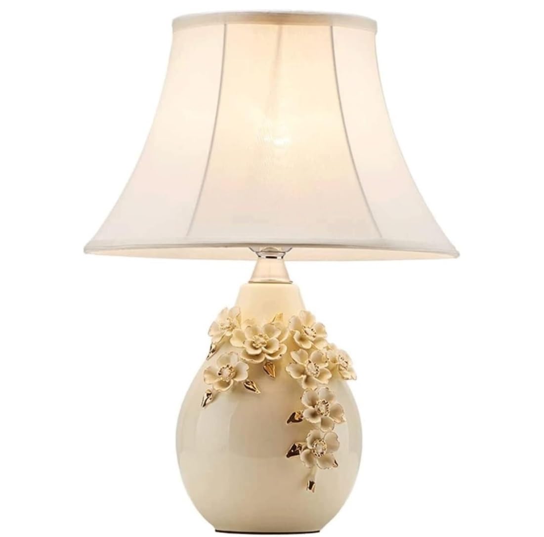 SGKOMN Desk Lamps For Reading Creative Three-Dimensional Carved Ceramic Bedside Lamp Nightstand Lamp Fabric Lampshade Desk Lamp Lamps For Living Room-A-Push button