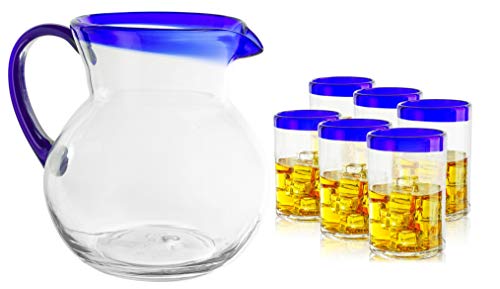 Hand Blown Mexican Drinking Glasses and Pitcher – Set of 6 Glasses with Cobalt Blue Rims 14 oz each and Pitcher 84 Ounces by The Wine Savant