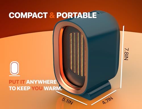Ceramic Space Heater for Indoor Use, Overheat Protection, Tip-Over Protection, Low Noise Heating, Safe Electric PTC Portable Fan for Office Home Room, Blue Smart Handy Warmer for Bedroom Desktop - Image 7