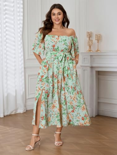 Image of SCOMCHIC Womens Plus Size Formal Dresses Off The Shoulder Wedding Guest Cocktail A-Line Split Maxi Dress with Pockets