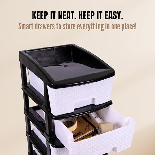 Image of Plastic Modular Drawer Storage Chest Of Drawers Organizer Storage Box, Large Stomo Racks For Multipurpose Anti-slip Shoes Organizers (White & Black, 4 Layer)