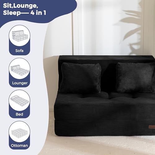 Image of MAXYOYO Convertible Sofa Bed, Fold Out Sofa Couch with Pillow, 4 in 1 Tufted Folding Couch Bed Foam Floor Couch, Lazy Chair for Living Room Bedroom Guest Room, Black