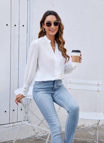 Neweek Womens Button Down Shirts Lace Cuff Long Sleeve Chiffon Dressy Tops Band Collar Fall Business Casual Blouses 20254