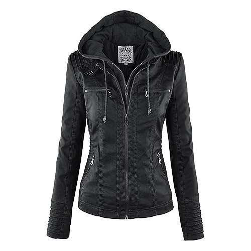 Veste en cuir à capuche femme contre le vent froid hiver L
