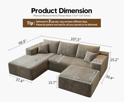 Image of 107.5 inch Cloud Modular Sectional Couch with 1 Ottoman,Modern Minimalist Upholstered Couches, Comfort U Shaped Sofa for Living Room,Deep Seat Corner Couch,No Assembly Required (Camel,Left Facing Chaise)