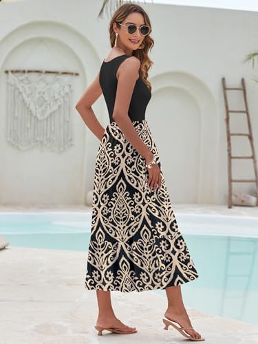 Image of AUSELILY Womens Summer Maxi Dress Casual Sleeveless V Neck Floral Dresses | A line shape with practical side pockets, Vacation dress for resort walks, Pair with low heels and simple jewelry