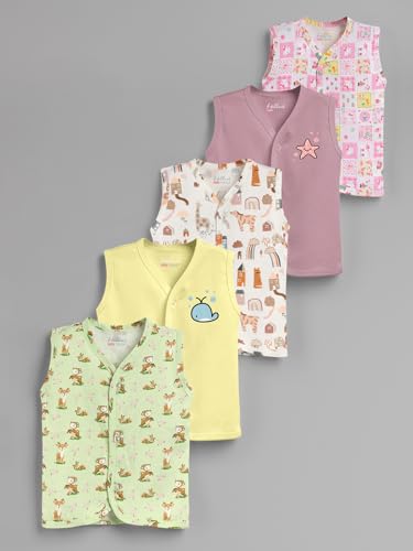 Image of HELLCAT 100% Cotton Front Open Jhabla Vest & T Shirt for Babies - Pack of 5 (Unisex,Sleeveless)