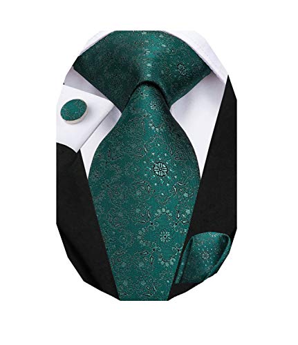 Dubulle Hunter Green Ties for Men with Handkerchief Cufflinks Silk Paisely Necktie Set