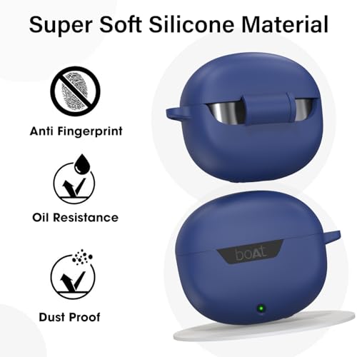 Image of Sounce Earphone Case Cover for Boat Airdopes 300 Premium TWS Soft Silicone Skin Case Cover Shock Absorbing Protective Case with Keychain [Front LED Visible] - Blue