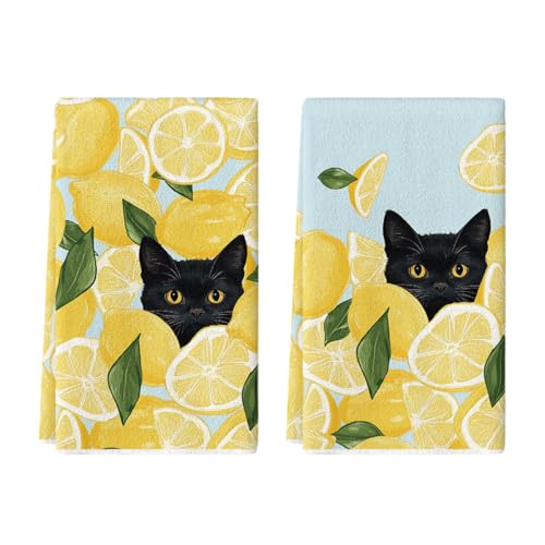 La Mejor Recopilación de Decoración de temporada para comprar online. 45 Artoid Mode - Juego de 2 toallas de cocina de verano para gatos, color amarillo, limón negro, 18 x 26 pulgadas, hojas de granja, decoración de temporada de verano, juego de 2
