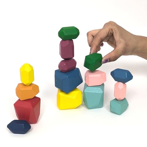 WUDLY Wooden Stacking Stones, 16 Piece Geometric Balancing B...